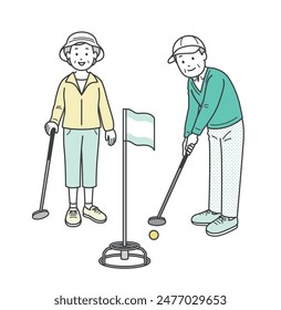 Full-body illustration of an elderly couple smiling and playing grand golf