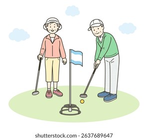 Full-body illustration of an elderly couple smiling and playing grand golf