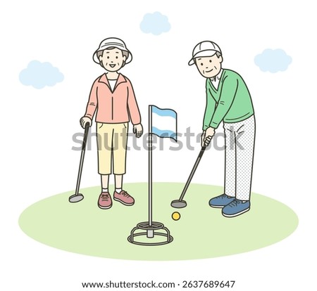 Full-body illustration of an elderly couple smiling and playing grand golf
