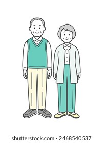 A full-body illustration of an elderly couple standing side by side