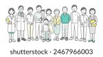 A full-body illustration of an elderly couple, their family, a doctor, a nurse, a caregiver, and a care managernutritionist