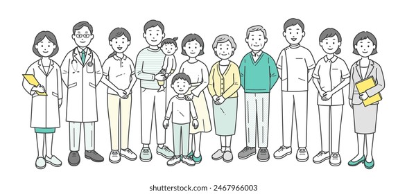 A full-body illustration of an elderly couple, their family, a doctor, a nurse, a caregiver, and a care managernutritionist