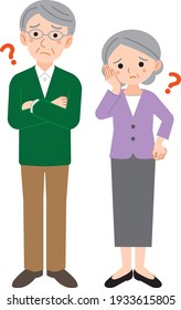 Full-body illustration of an elderly couple worried