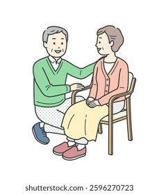 Full-body illustration of an elderly man having a conversation with an elderly woman sitting in a chair