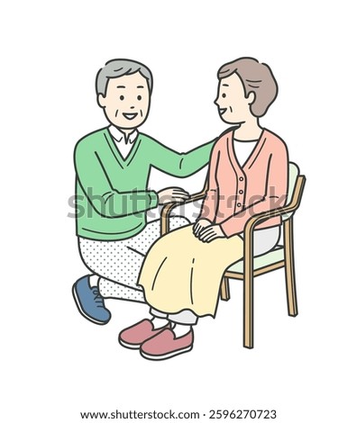 Full-body illustration of an elderly man having a conversation with an elderly woman sitting in a chair