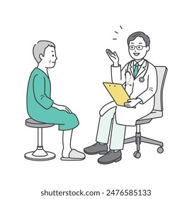 Full-body illustration of an elderly man and a male doctor undergoing a medical checkup