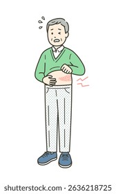 A full-body illustration of an elderly man with pain in his side and grimacing from shingles