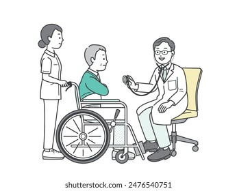 A full-body illustration of an elderly man sitting in a wheelchair receiving a medical examination, a doctor using a stethoscope, and an accompanying nurse