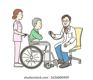 A full-body illustration of an elderly man sitting in a wheelchair receiving a medical examination at a hospital and a doctor using a stethoscope