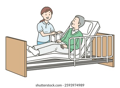 Full-body illustration of an elderly man sleeping in bed and a female caregiver assisting him