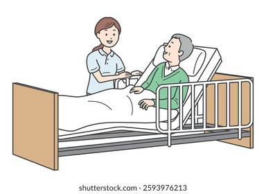 Full-body illustration of an elderly man sleeping in bed and a female caregiver assisting him