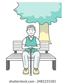 Full-body illustration of an elderly man taking a break on a bench in the shade of a tree in summer