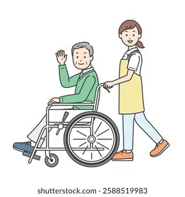 A full-body illustration of an elderly man in a wheelchair and a young woman assisting him waving