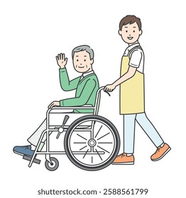 A full-body illustration of an elderly man in a wheelchair and a young man assisting him waving