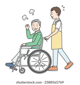 A full-body illustration of an elderly man in a wheelchair getting angry at a young man assisting him