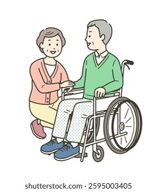 Full-body illustration of an elderly man in a wheelchair and an elderly woman assisting him
