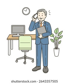 Full-body illustration of an elderly man working energetically in an office