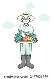 Full-body illustration of an elderly person holding vegetables harvested from a home garden