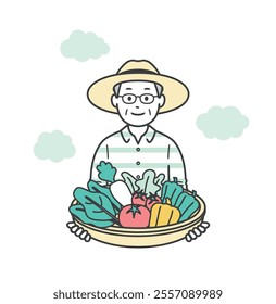 Full-body illustration of an elderly person holding vegetables harvested from a home garden