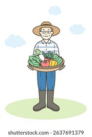 Full-body illustration of an elderly person holding vegetables harvested from a home garden