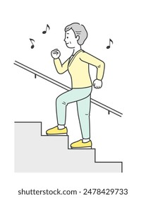 Full-body illustration of an elderly woman climbing the stairs energetically