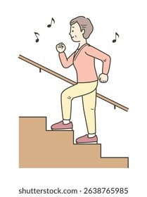 Full-body illustration of an elderly woman climbing the stairs energetically