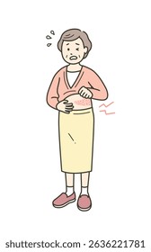 A full-body illustration of an elderly woman grimacing in pain from shingles