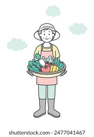 Ilustración de cuerpo entero de una anciana sosteniendo verduras cosechadas de su huerto casero