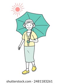 Full-body illustration of an elderly woman holding a parasol under the hot sun