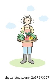 Full-body illustration of an elderly woman holding vegetables harvested from her home garden