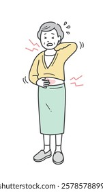 Full-body illustration of an elderly woman with an itchy body and a grimacing face