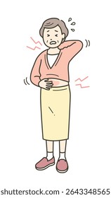Ilustração de corpo inteiro de uma mulher idosa com corpo coçando e rosto grimado