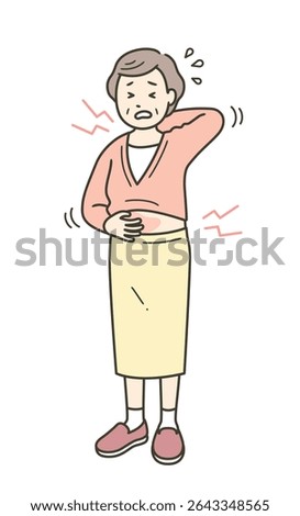 Full-body illustration of an elderly woman with an itchy body and a grimacing face