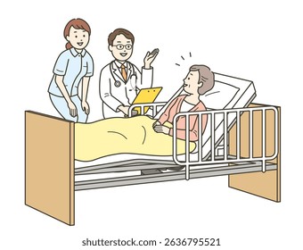 Full-body illustration of an elderly woman receiving a medical examination in bed, a doctor and a nurse