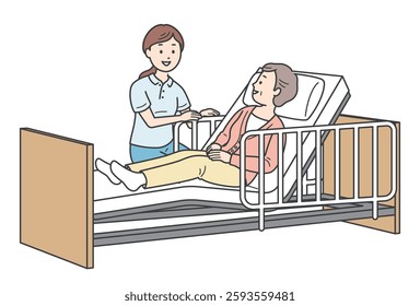Full-body illustration of an elderly woman sleeping in bed and a female caregiver assisting her