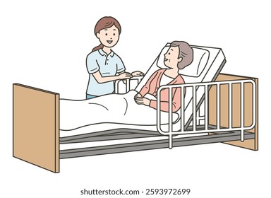 Full-body illustration of an elderly woman sleeping in bed and a female caregiver assisting her