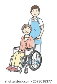 Full-body illustration of an elderly woman in a wheelchair and a young man assisting her