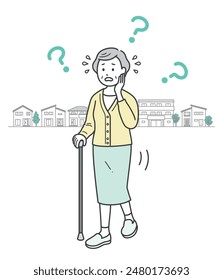 Full-body illustration of an elderly woman who is wandering around, getting lost, and feeling anxious