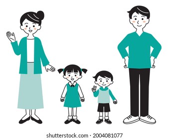 Full-body illustration of a family of four with a simple touch