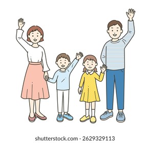 A full-body illustration of a family of four waving