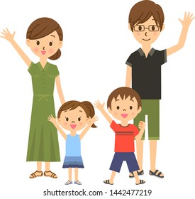 Full-body illustration of a family waving with smile

