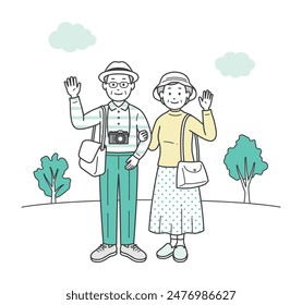 A full-body illustration of a friendly elderly couple having fun on a trip