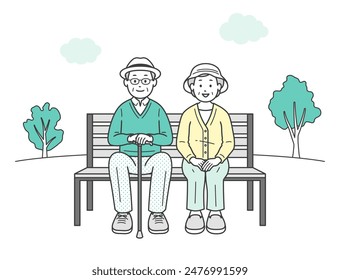 A full-body illustration of a friendly elderly couple relaxing on a bench