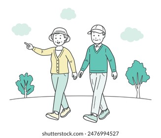 A full-body illustration of a friendly elderly couple enjoying a walk in the park