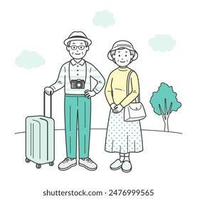 A full-body illustration of a friendly elderly couple having fun on a trip