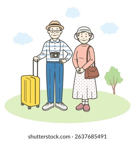 A full-body illustration of a friendly elderly couple having fun on a trip