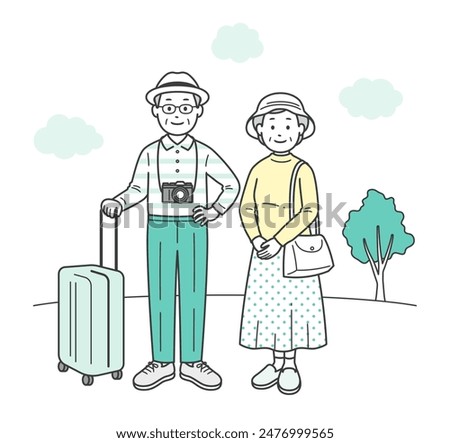 A full-body illustration of a friendly elderly couple having fun on a trip