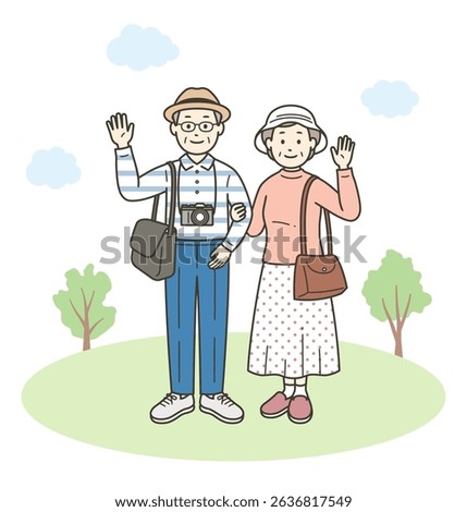A full-body illustration of a friendly elderly couple having fun on a trip