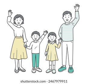 A full-body illustration of a friendly family gathered together waving their hands