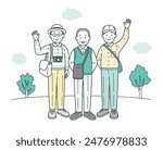 A full-body illustration of a friendly group of elderly men having fun on a trip